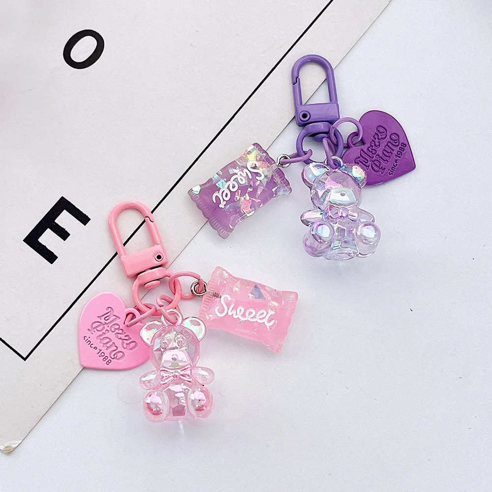 Cartoon Bling Transparent Bear Pendant Keychains With Metal Heart Tag Sweet Charms Keyrings Bag Ornament Car Trinket Accessories