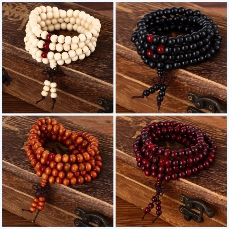 108 Beads 8mm Natural Sandalwood Buddhist Buddha Wood Prayer Beaded Knot Stonego black ebony Unisex Men Bracelets