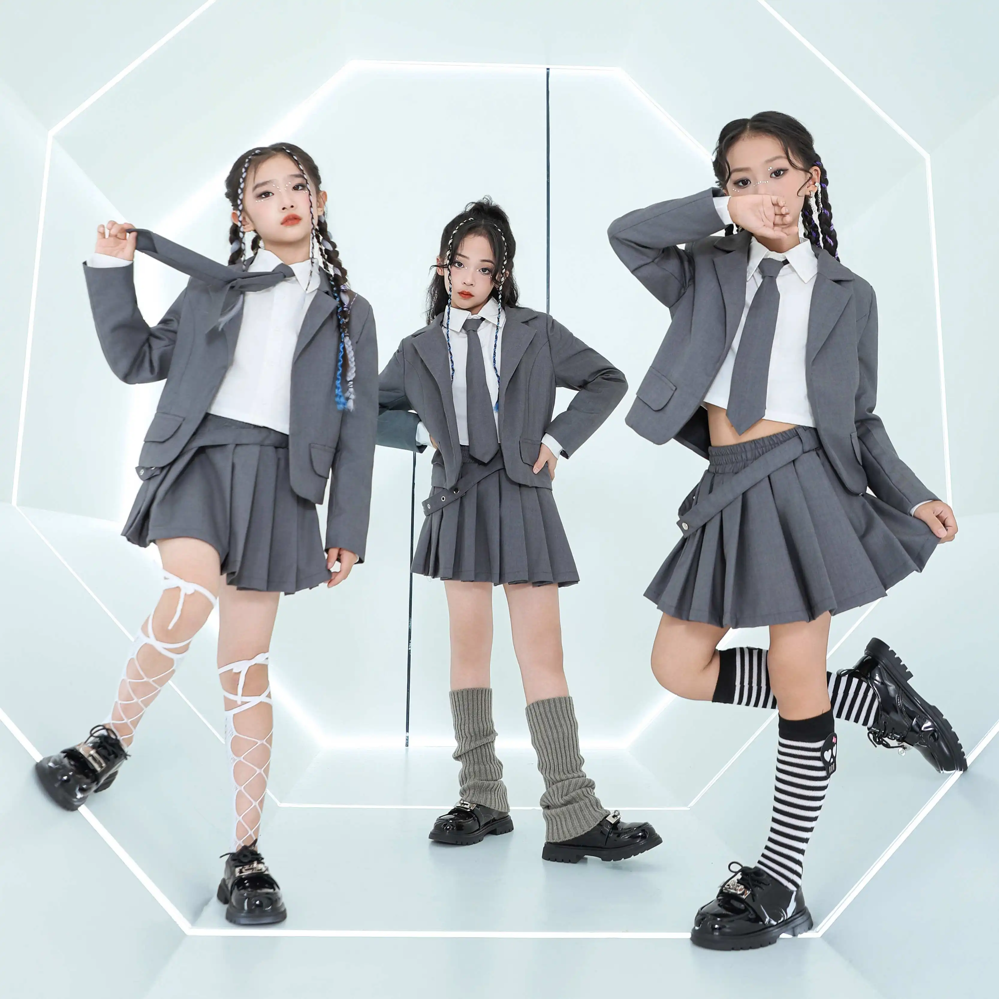 Girls Jazz Costume Grey Suit Coat Pleated Skirt JK Style Cheerleading Dance Clothes Kids Stage Performance Clothing Suit BL14071