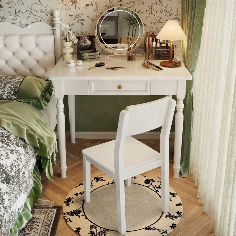‌French Vintage Makeup Desk - American Style Solid Wood Computer Table with Drawer Space-Saving Bedside Organizer