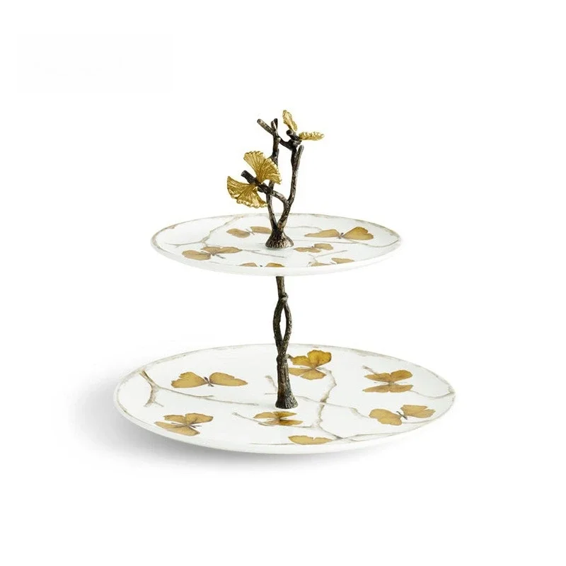 White orchid double snack rack, butterfly ginkgo afternoon cake plate