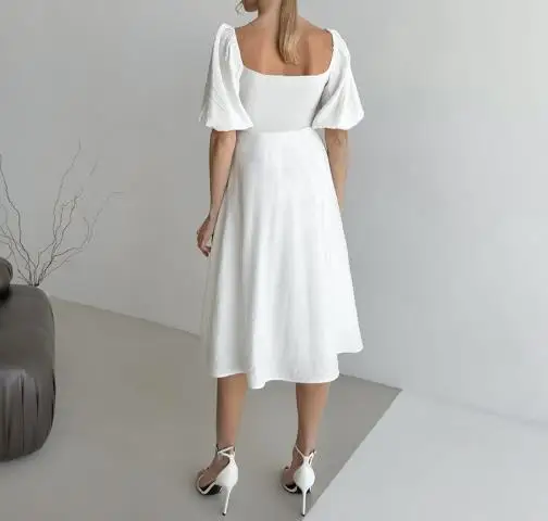 

2025 Off - Shoulder Puff Sleeve Knot Front Midi Dress Y2K Korean Wave Music, Party Dress Keyhole Detail Stylish New Women Dress