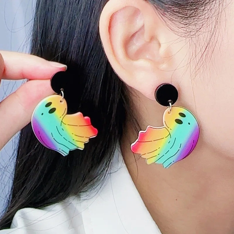 New Halloween Rainbow Ghost Print Acrylic Earrings Cartoon Cute Mushroom Ghost Earrings Halloween Decorative Gift