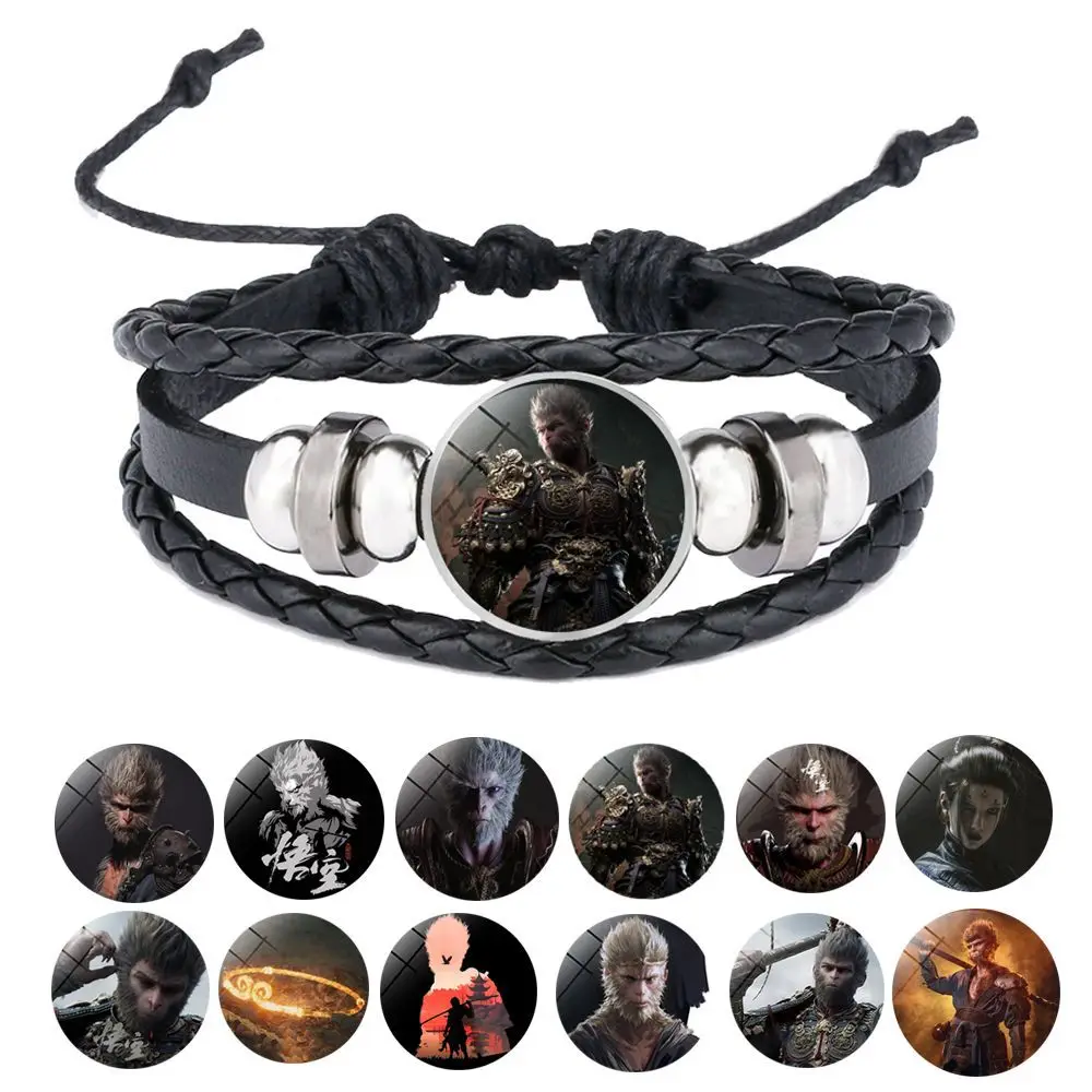 Game Black Myth: Wukong Leather charm Bracelet 18mm Glass Cabochon Adjustable Bangle Jewelry for Men Women Kids Classic Gifts