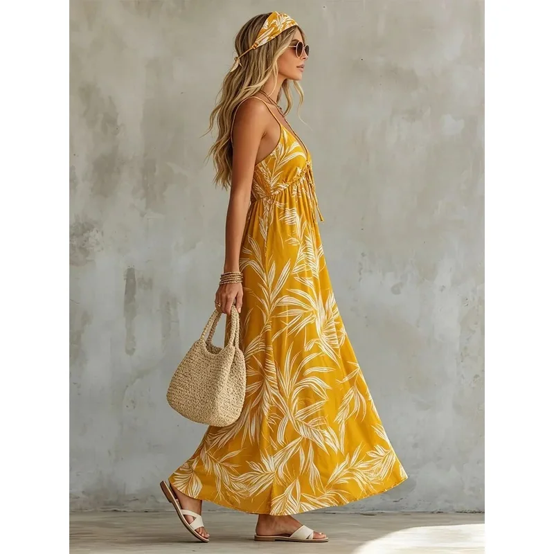 Boho Women Tropical Leaf Print Spaghetti Strap Maxi Dress V Neck Drawstring High Waist Flowy Summer Beach Vacation Long Dress