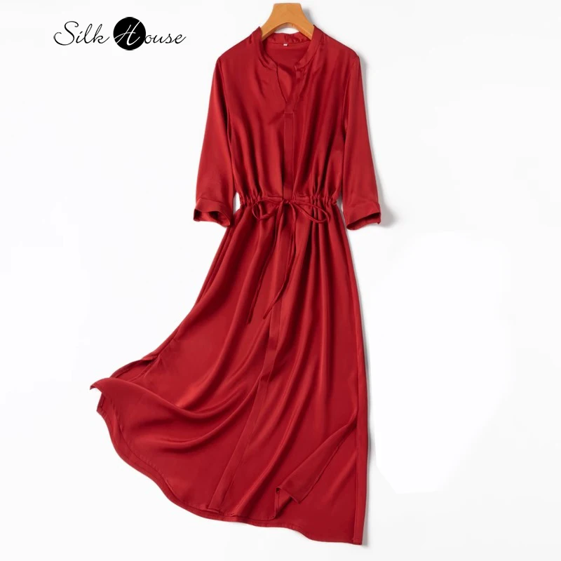 

2024 Women's Spring/Summer New 26MM 93% Natural Mulberry Silk Elastic Heavy Wrinkle V-neck Loose Straight Lace Up Dress