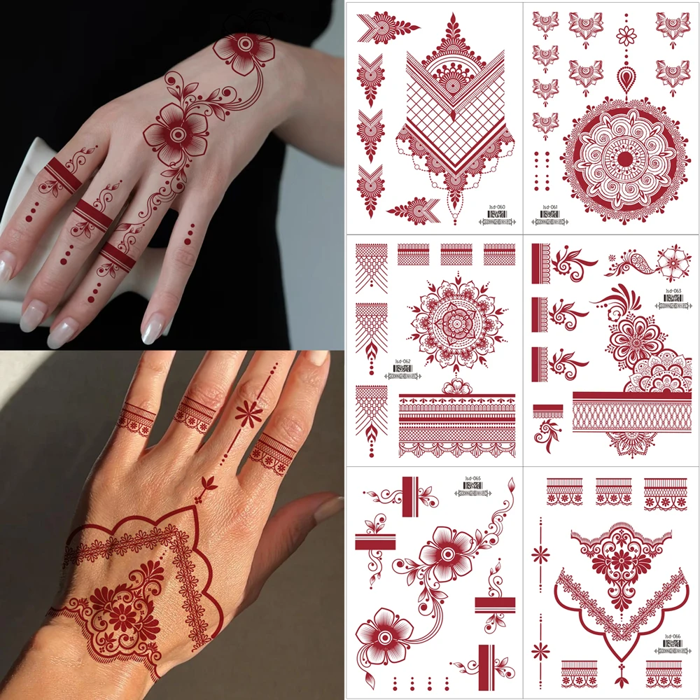 6 個あずき色の花一時的なタトゥー女性用防水ヘナタトゥーステッカー手とボディアートフェイクタトゥーリムーバブル