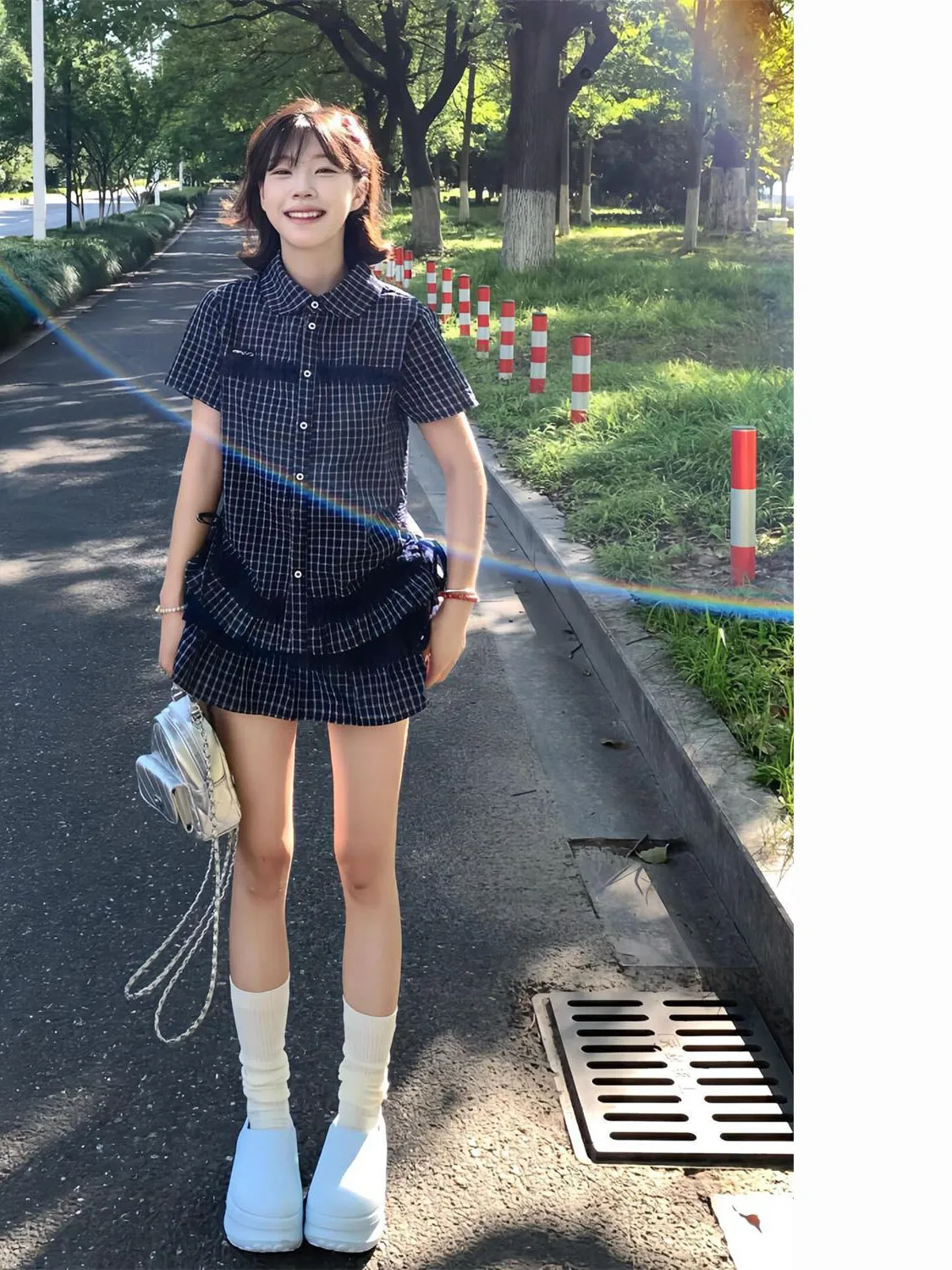 

Casual Summer High Waist Cake Short Skirt Set with Mesh Splicing And Plaid Flower Top Two Piece Set for Young Women