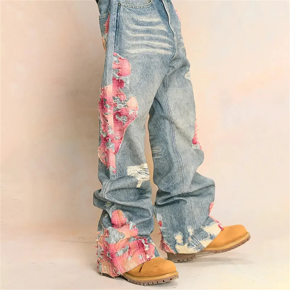 Vintage trend jeans Sunset lace print wash loose wide leg worn straight leg long trousers
