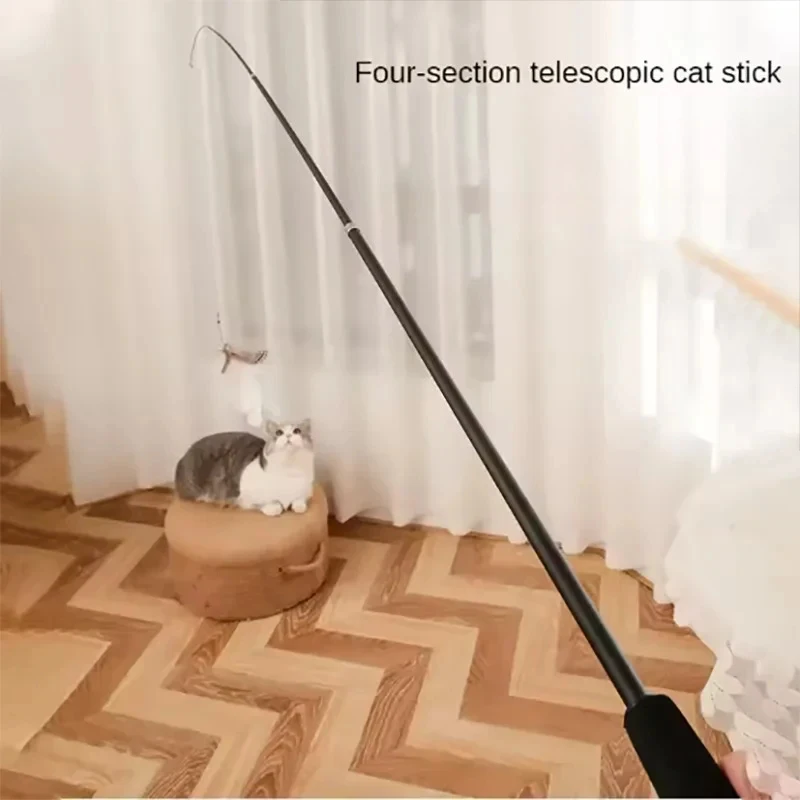 1.8m 4-Section Telescopic Carbon Fiber Cat Teaser Wand, Super Long Scratch Resistant Fishing Rod Feather Interactive Kitten Toy