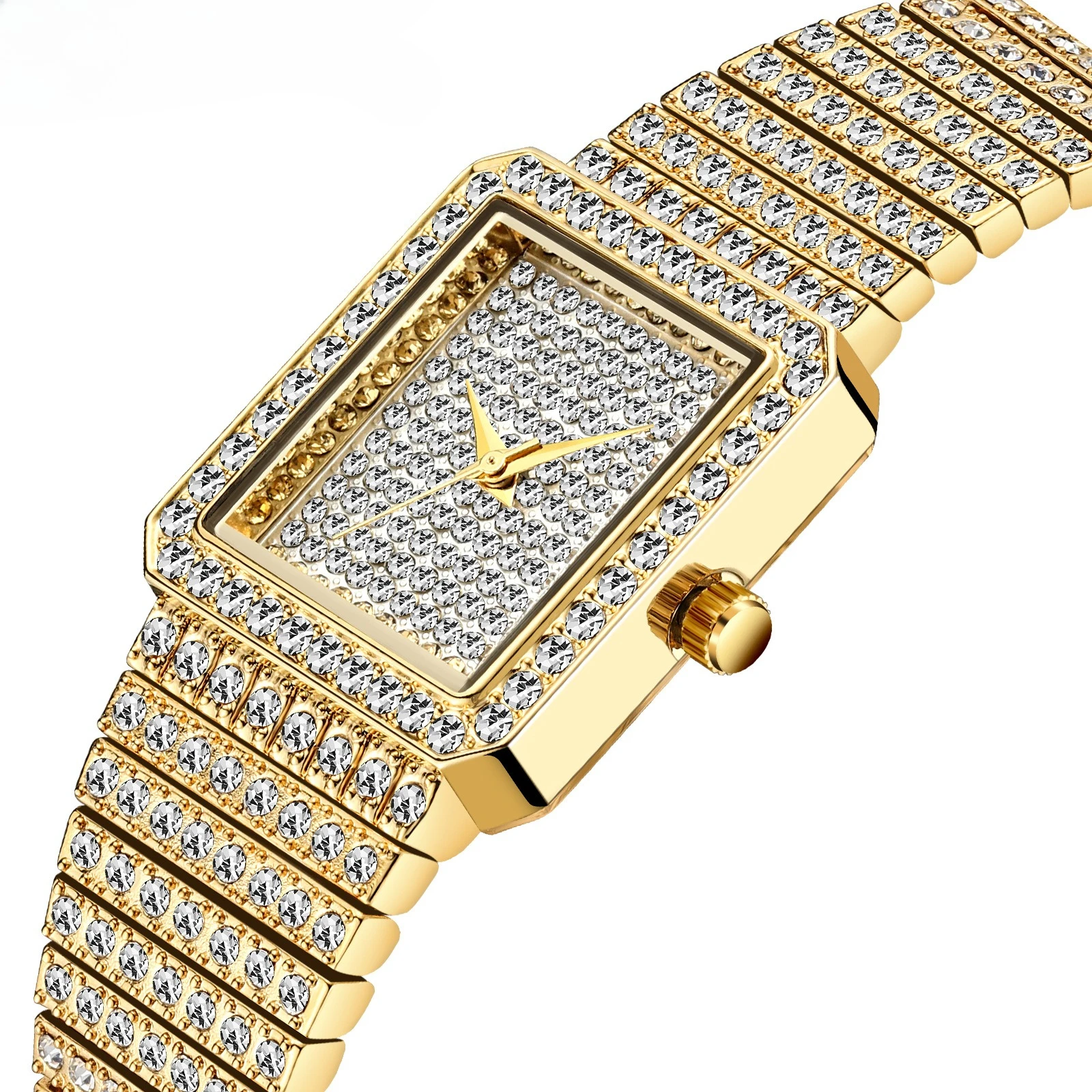 Gold Full Diamond Square Ladies Watch Bling Paved CZ Zircon Quartz Wrist Watch Luxury Dress Watch for Women