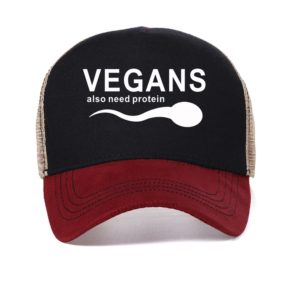

Funny Vegans Men's Clothing Also Need Protein Slogan Letter baseball cap Men Graphic Print Harajuku Snapback Hat mesh cool hats