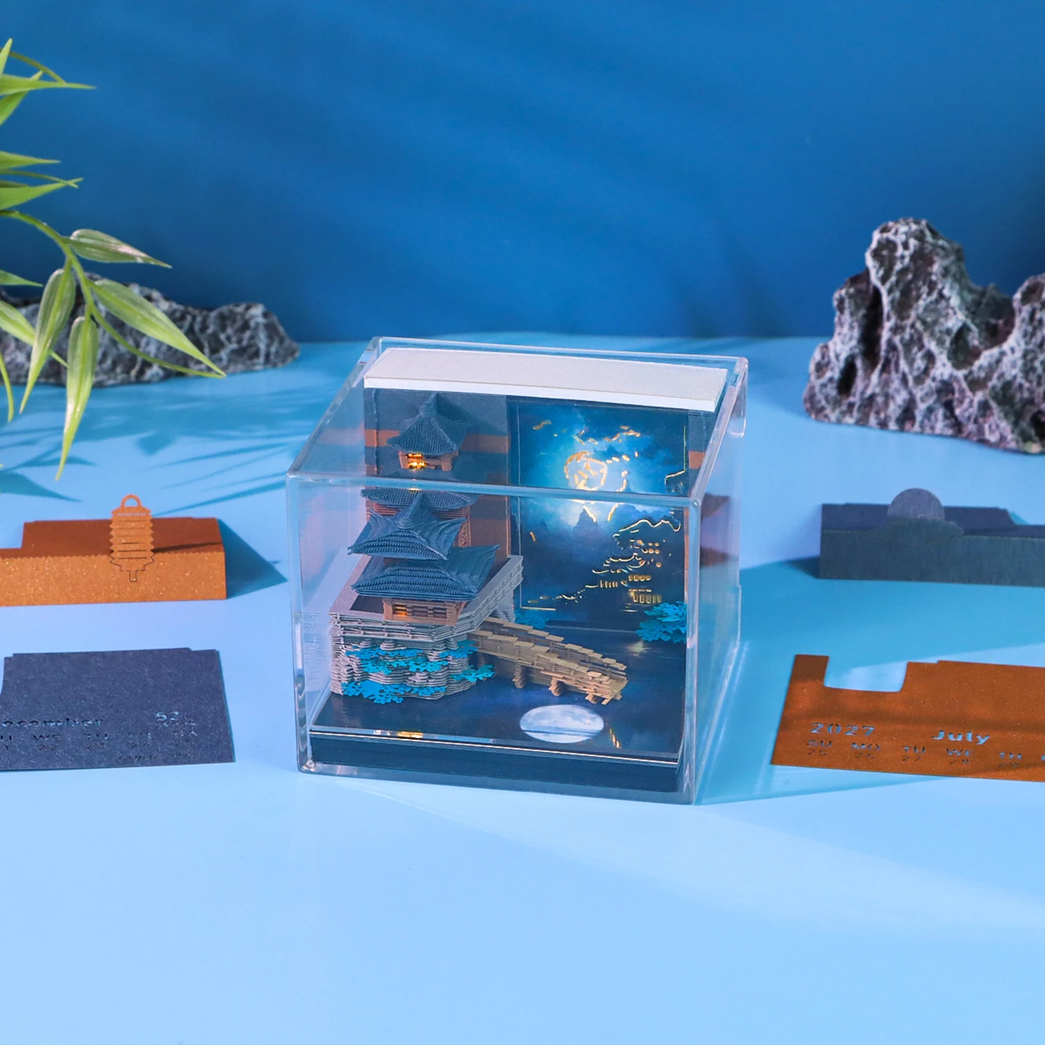 3D Paper Craft Miniature Figurine Chinese Ancient Architecture Pavilion Model Desktop Ornament 2027 Calendar Decoration