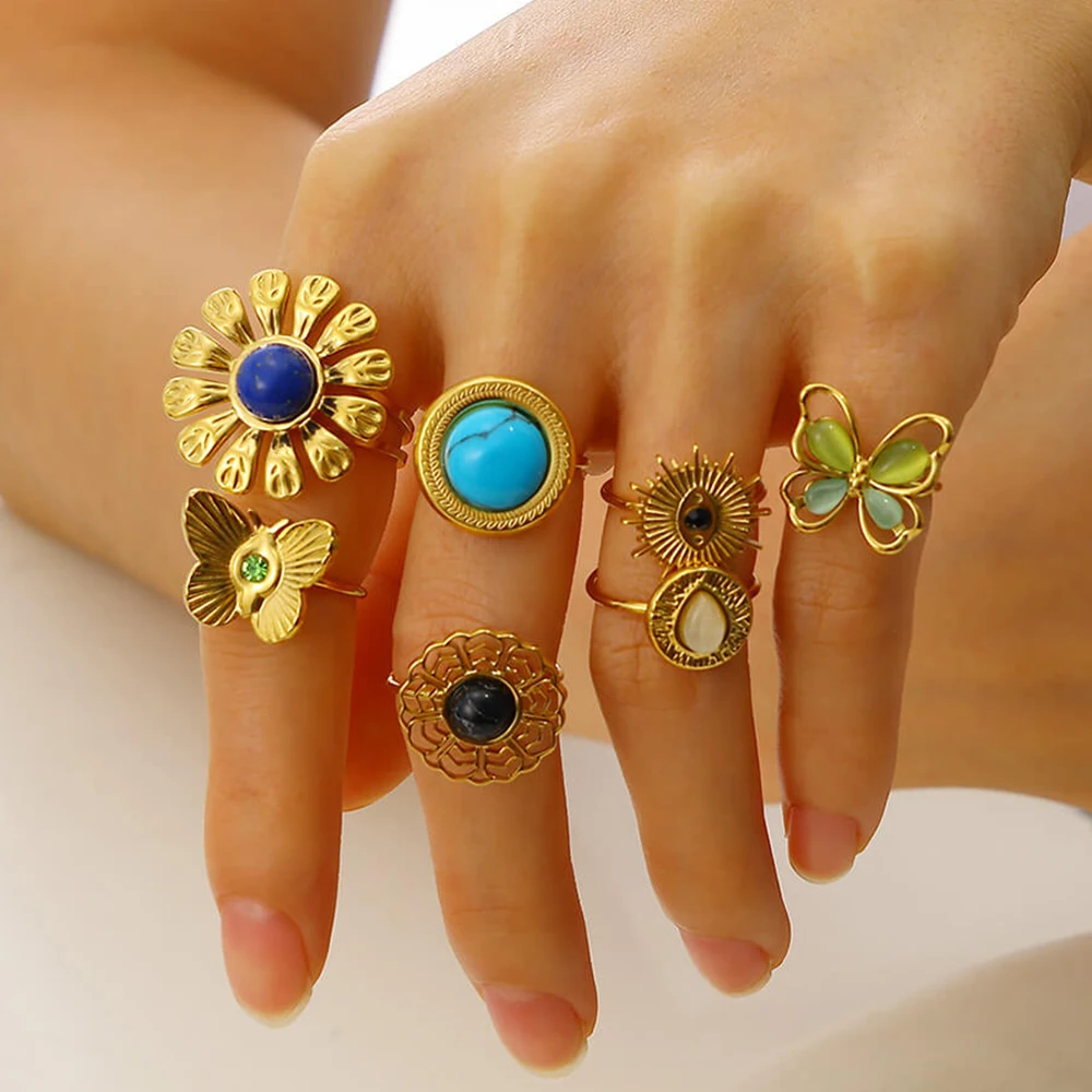 

Stainless Steel Tiny Butterfly Opening Rings Women Vintage Turquoise Geometric Flower Anillos Gold Color Jewelry Christmas Gift