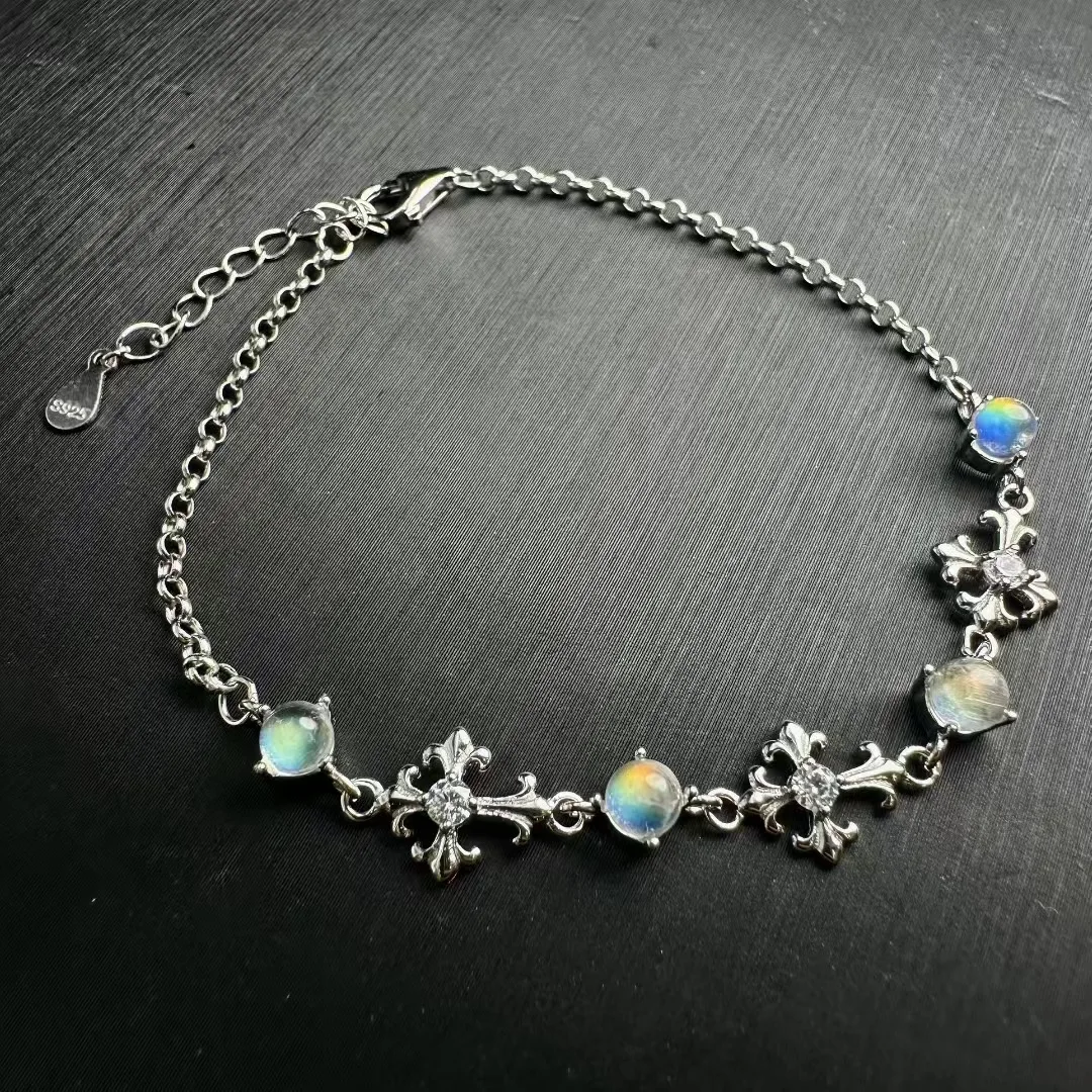 

1Pc Fengbaowu Natural Madagascar Blue Moonstone Bracelet 925 Sterling Silver Reiki Healing Stone Jewelry Gift For Women Men