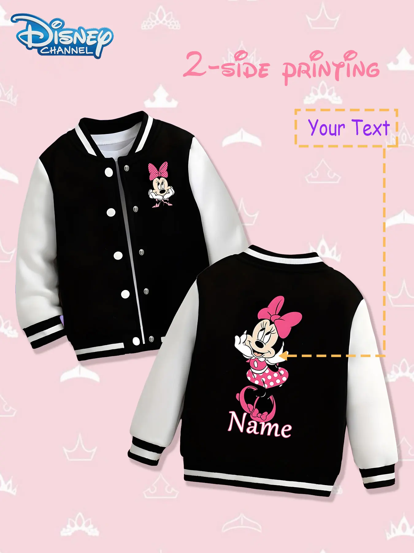 

MINISO Disney Classic Minnie Girls Baseball Jacket - Double-sided cute print, warm and classic in autumn and winter, suitable fo