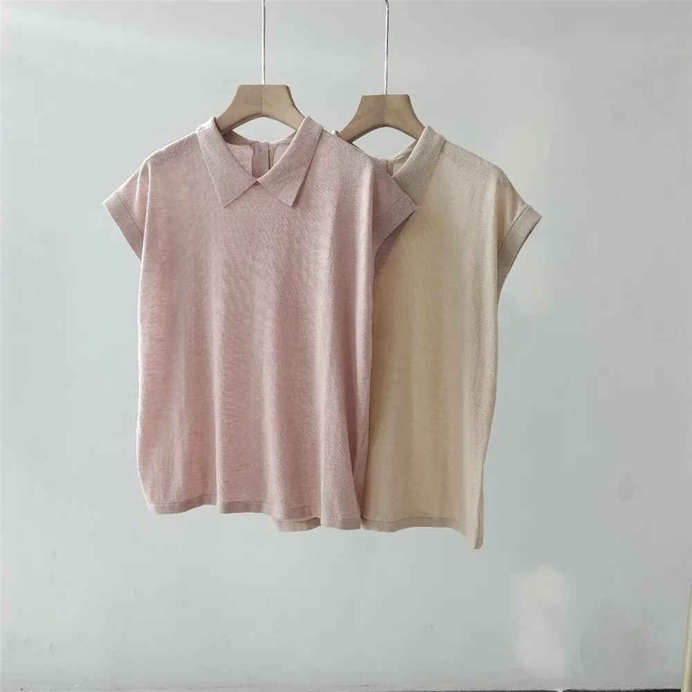 

25 Summer New Women's Polo Collar Solid Color Slimming Knitted Short Sleeve Top