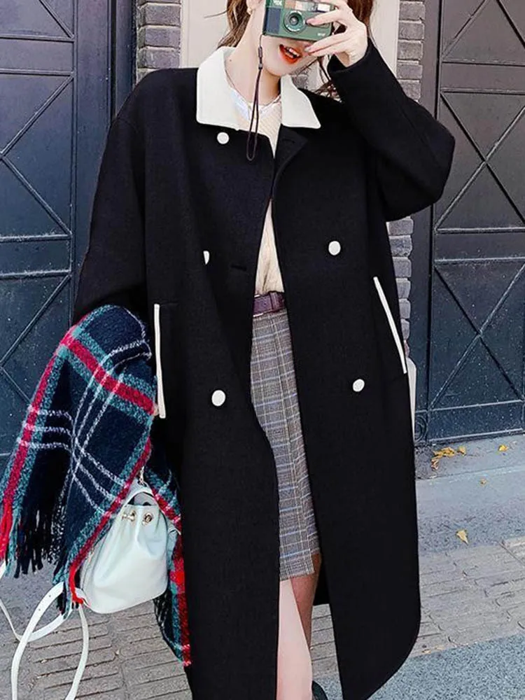 ملابس خارجية كورية أنيقة من الصوف سترات نسائية غير رسمية برقبة على شكل طية صدر مزدوجة سترات خريف وشتاء بأكمام طويلة من مزيج الصوف Chaquetas