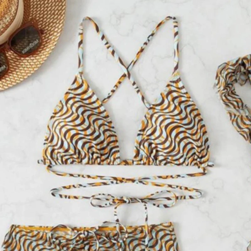 Rayé Sexy Ensemble Bikini Maillots De Bain Femmes Triangle Bandage String Micro Bikini Cover-ups 2025 Nouveau Maillot de bain Vintage 3 Pièces Ensemble