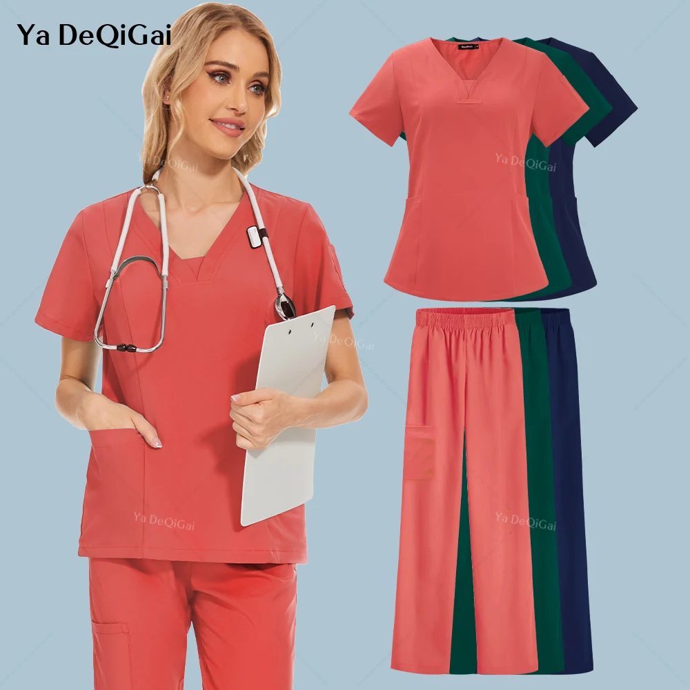 Conjuntos de esfrega cirúrgicos femininos, Uniformes Médicos Hospitalares, Roupa de Médico, Uniforme Cirúrgico, Bolsos, Scrub Top, Calças, Acessórios de Enfermagem