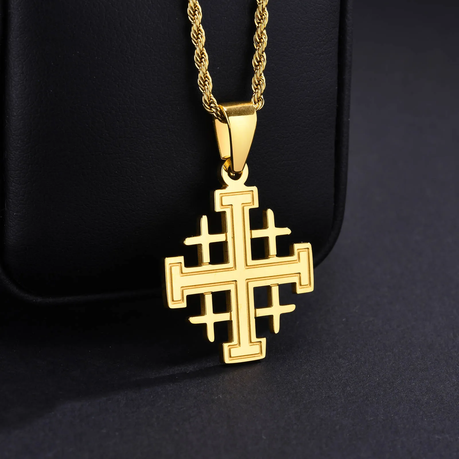 JERUSALEM CROSS NECKLACE FOR MEN BIBLE CRUSADERS STAINLESS STEEL PENDANT ISRAEL JEWELS Bible Crusaders WITH 24 INCH