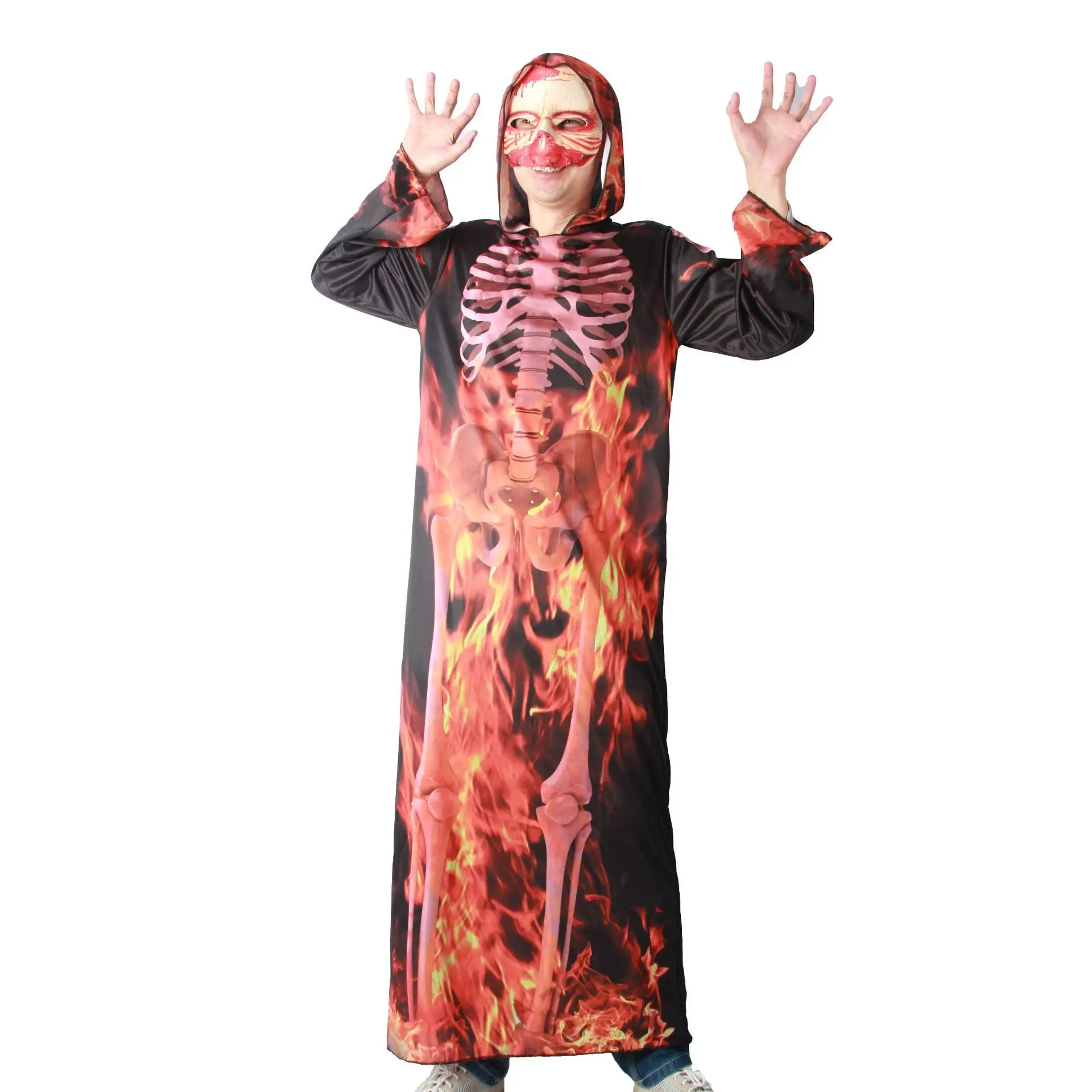 Halloween Grim Reaper Bodysuit, Horror Fire, Morte Cosplay, Capa Preta, Fantasia para Criança, Adulto