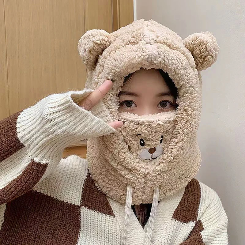 Cartoon Bear Ear Beanie Hat With Mask Warm Balaclava Winter Thickened Ear Protection Autumn Beanies For Women Girls