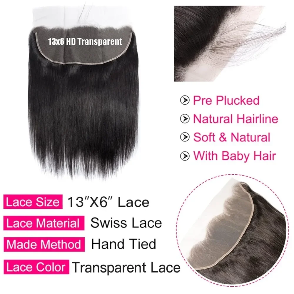 Cabelo humano reto 3 pacotes com fechamento frontal de renda 13x6 renda transparente pacotes de cabelo humano virgem brasileiro com frontal