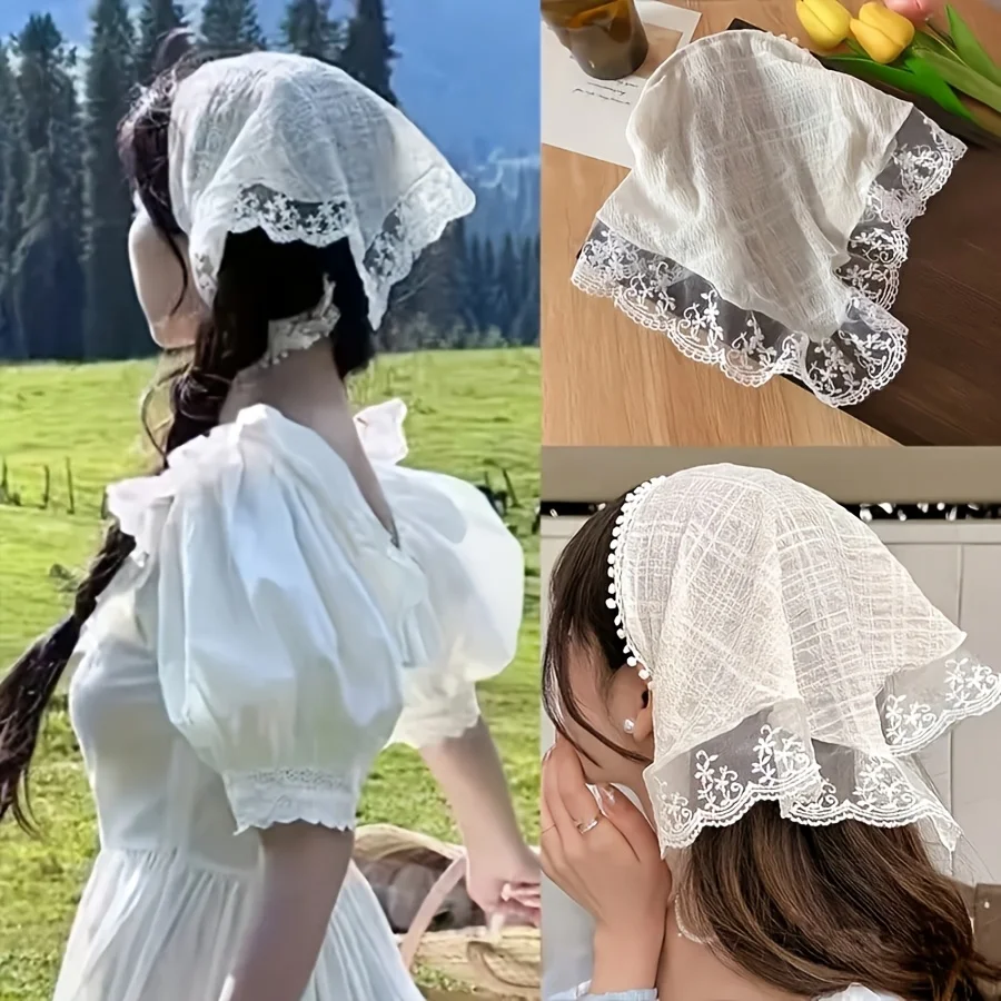 2pcs Gentle Wind Cutout Lace Head Scarf Triangle Scarf, Two Color Options - Retro Country Style Headscarf Hair Accessory