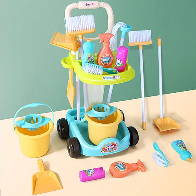 Kids Cleaning Toy Set with Broom Dustpan Mop Spray Bottle Pretend Play House Cleaning Cart Toy Children Educational Toys Gifts