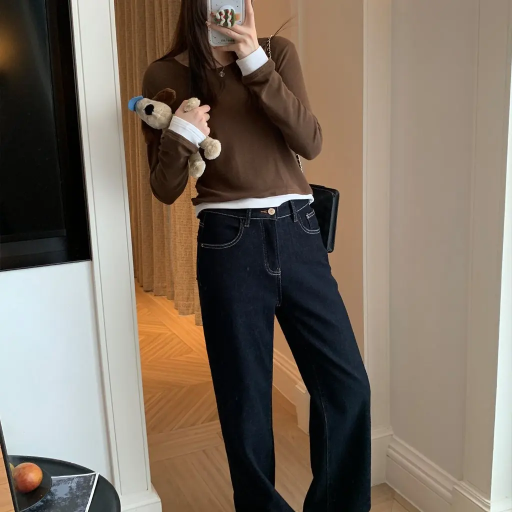 

Женские зимние утолщенные прямые джинсы на флисовой подкладке, двойные теплые четырехсторонние эластичные широкие брюки в американском стиле в стиле ретро