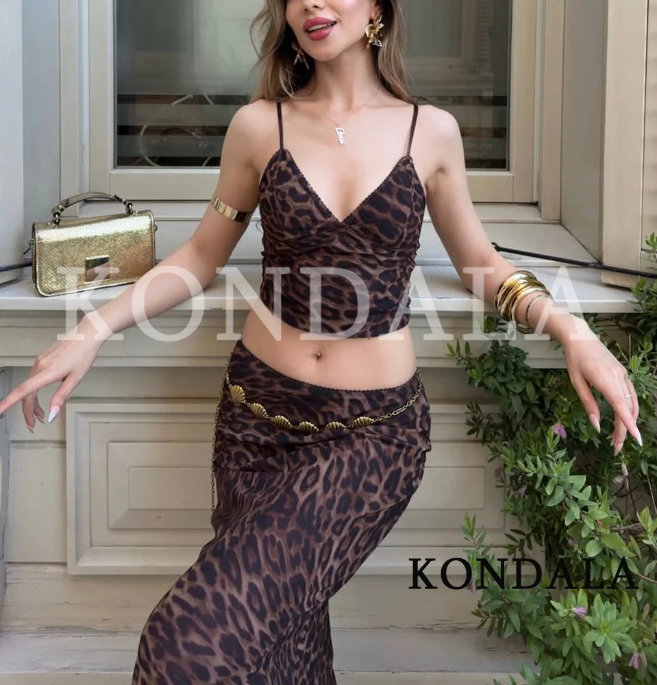 KONDALA Women Sexy Leopard Mesh Tulle Skirt Set 2026 Summer Trendy High Street Holiday Chic Set Female Y2K Camisole , Midi Skirt view 3