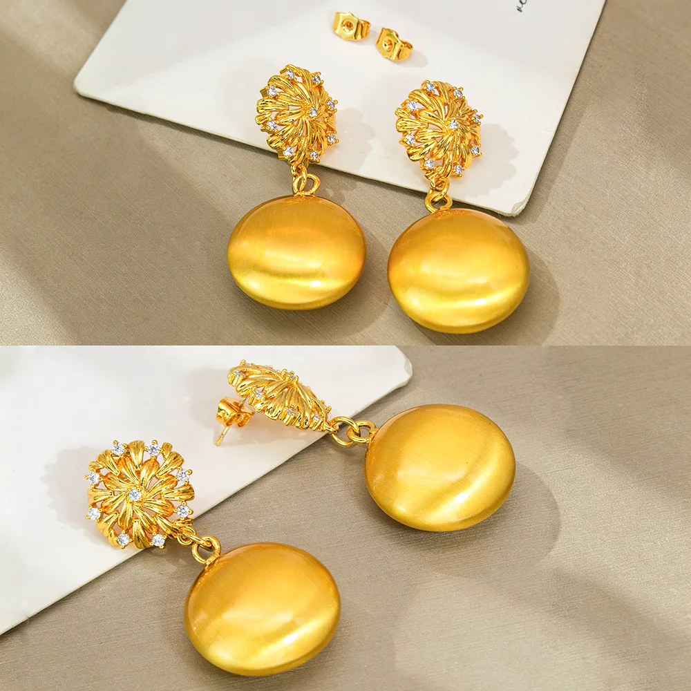 YTJX 18K vergoldete florale Zirkon-Ohrhänger, runde, mattgoldfarbene Ohrhänger für Damen, luxuriöses Geschenk für Abendpartys – Detail 7