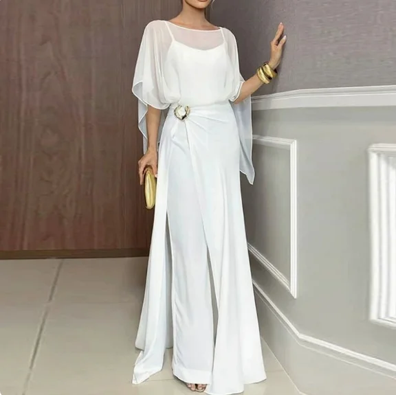 

Two Piece Set Women Outfit 2026 Spring Summer New Solid Color V-Neck Slim Fit Long Jumpsuit & Mesh Short Sleeve Top