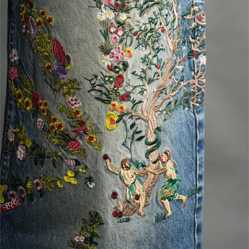 Y2K Jeans lavati vintage con motivo floreale artistico ricamo a vita alta jeans larghi a gamba larga tendenza uomo donna moda streetwear