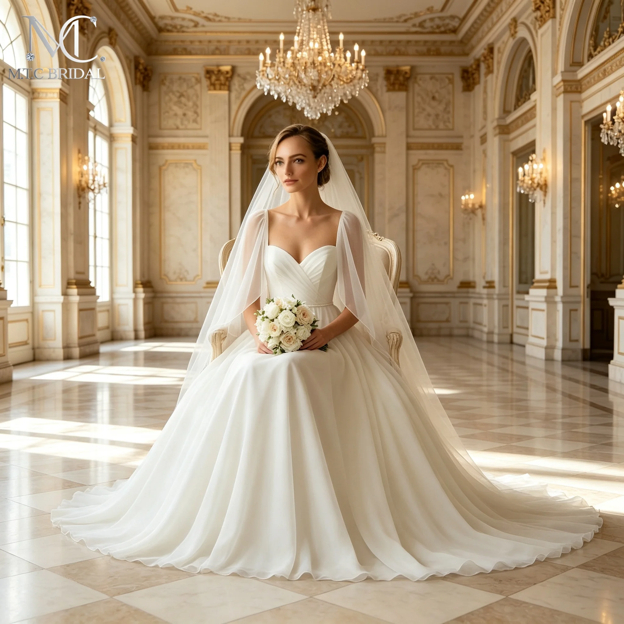 Pure White Chiffon A Line Wedding Dress Cape Sleeves Sweetheart Lace Up Back Elegant Wedding Gowns For Bride Plus Size