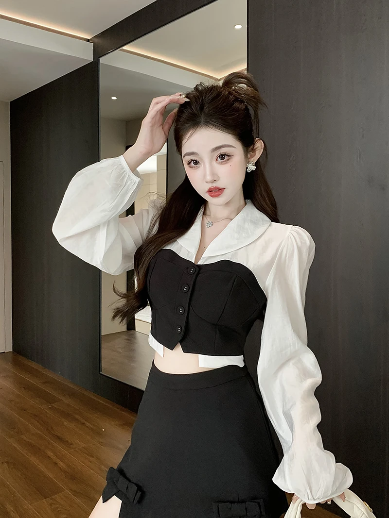 Two Piece Set Women Hit Color Splicing Puff Long Sleeve Slim Crop Tops + Bow Mini Skirt Outfits Korea Fashion Sweet Lady Clothes