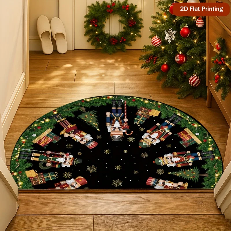 VIKAMA Christmas Green Semicircle Door Mat Non Slip Absorbent Rug for Entryway Kitchen Bedroom Holiday Home Decor Washable Mat