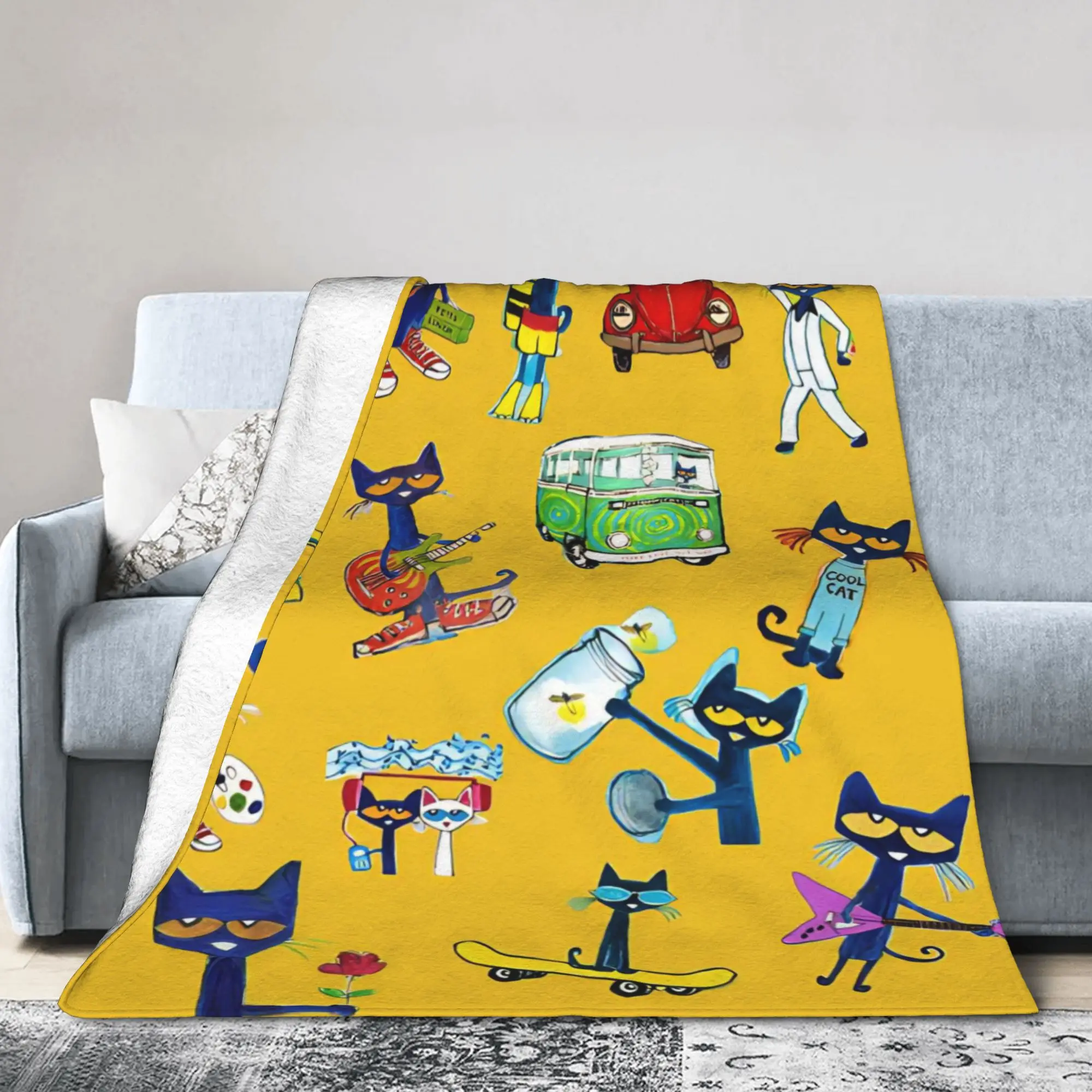 Pete the Cat  Plush Blanket Kitten Funny Throw Blankets for Home Hotel Sofa  125*100cm Rug Piece