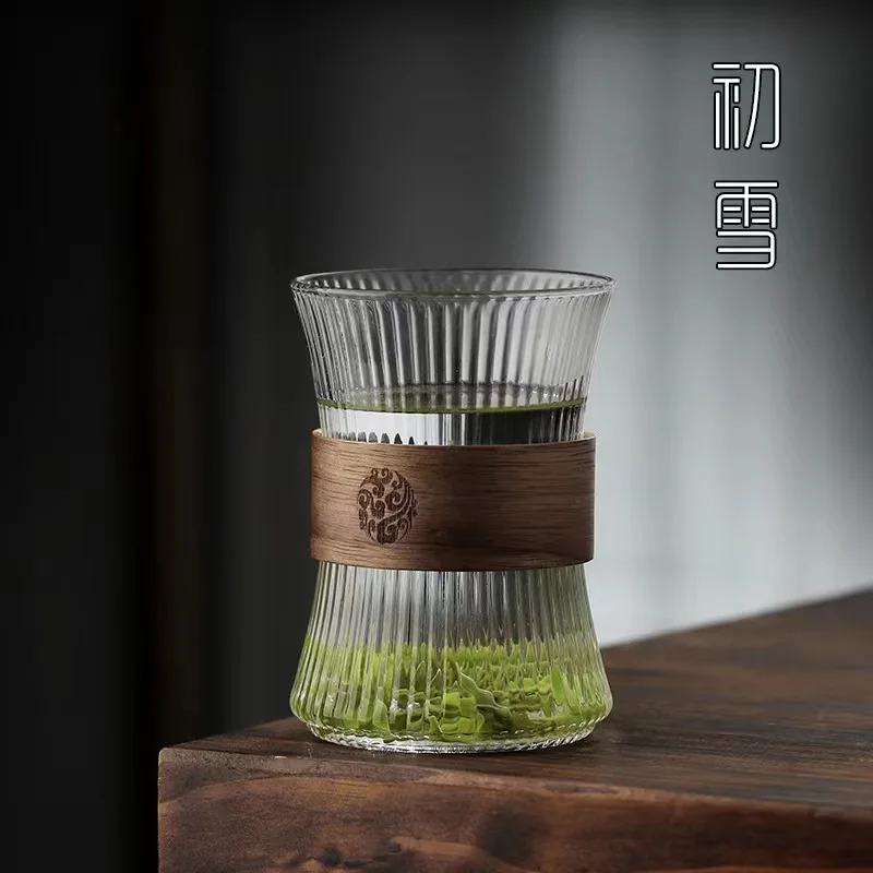 1pc 300ml Glass Coffee Mug Walnut Cup with Wooden Sleeve Japanese Style Stripe Glass Cup Drinkware Gifts Tea Beer Latte Mugs