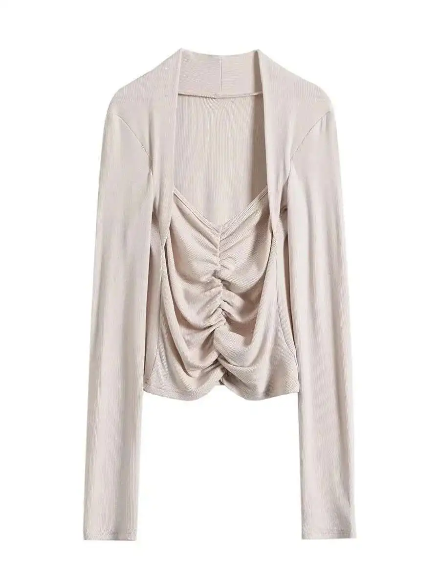 2024 Autunno Nuovo Ragazza Piccante Nicchia Design Senso Scollo A V Falso in Due Pezzi Manica Lunga Cinching Vita Solido Sottile Maglia Pullover NLB0