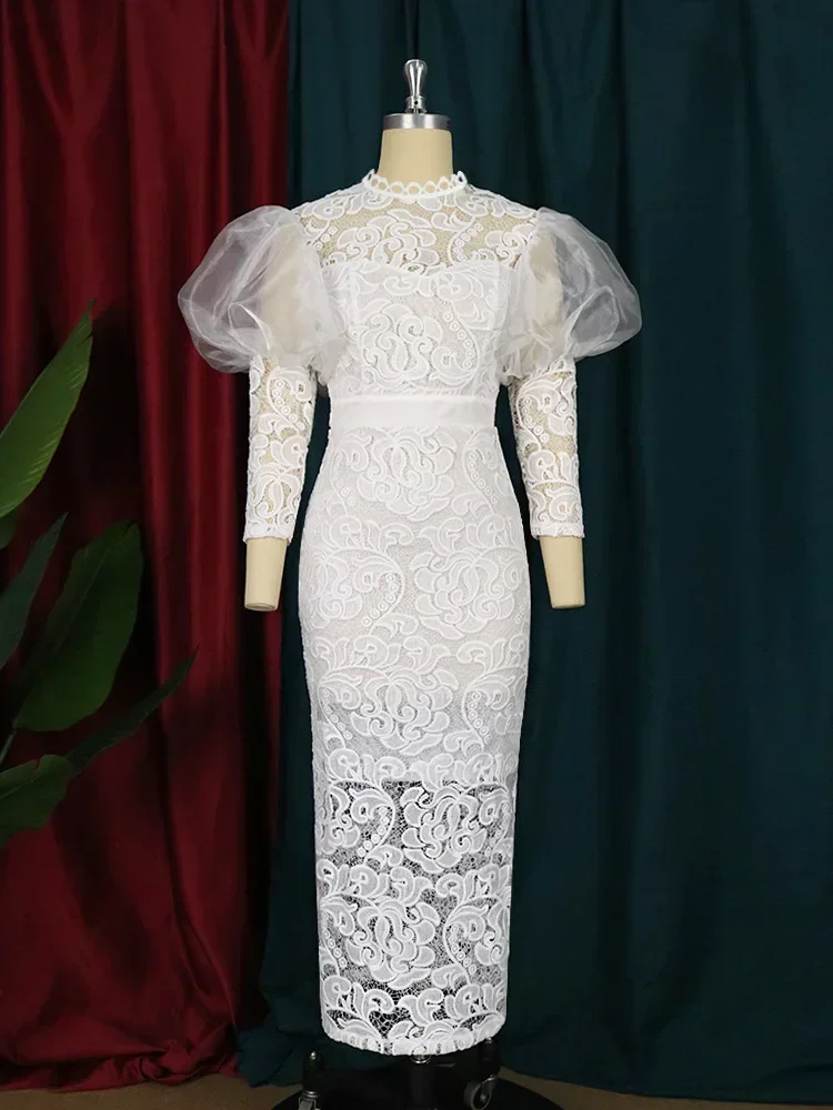 2024 African Wedding Party Dresses For Women Summer Elegant African Lace 3/4 Sleeve Evening Long Dress Dashiki African Clothing