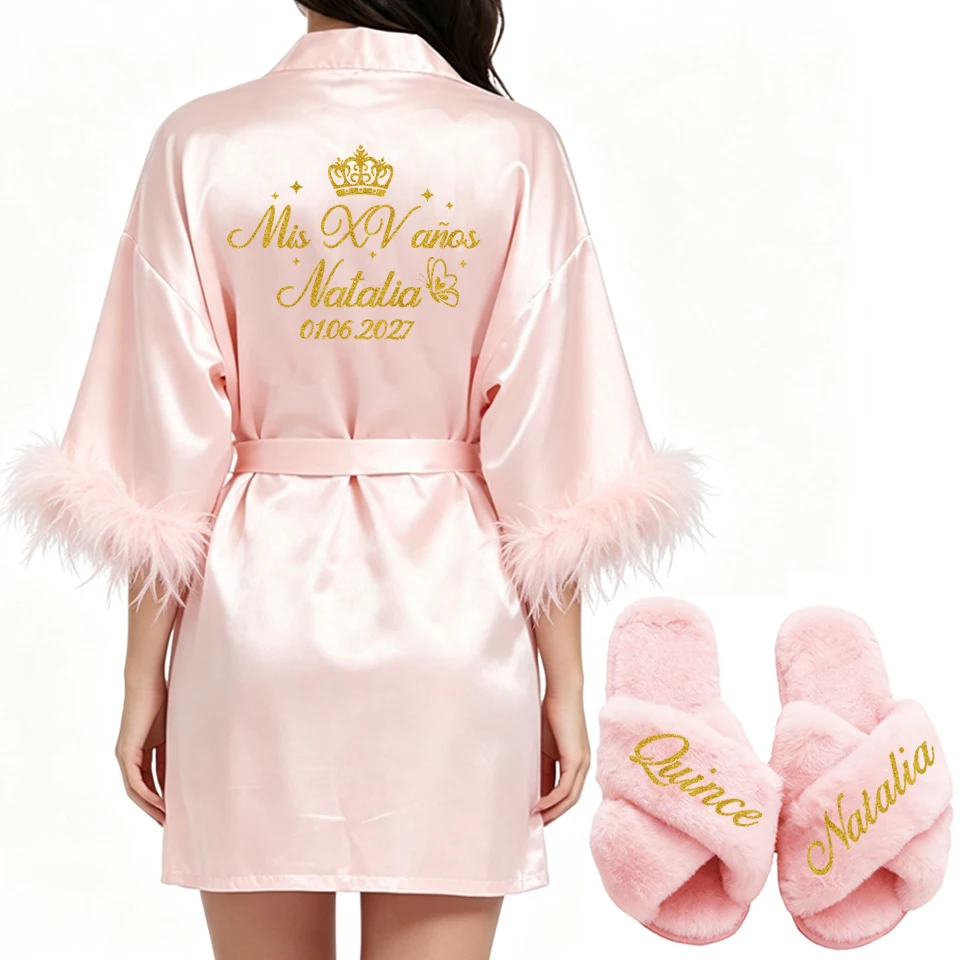 Personalized Name and Date Feather Robe Bride Bridesmaid Bathrobe Birthday Party Gown Add Any Text Robes