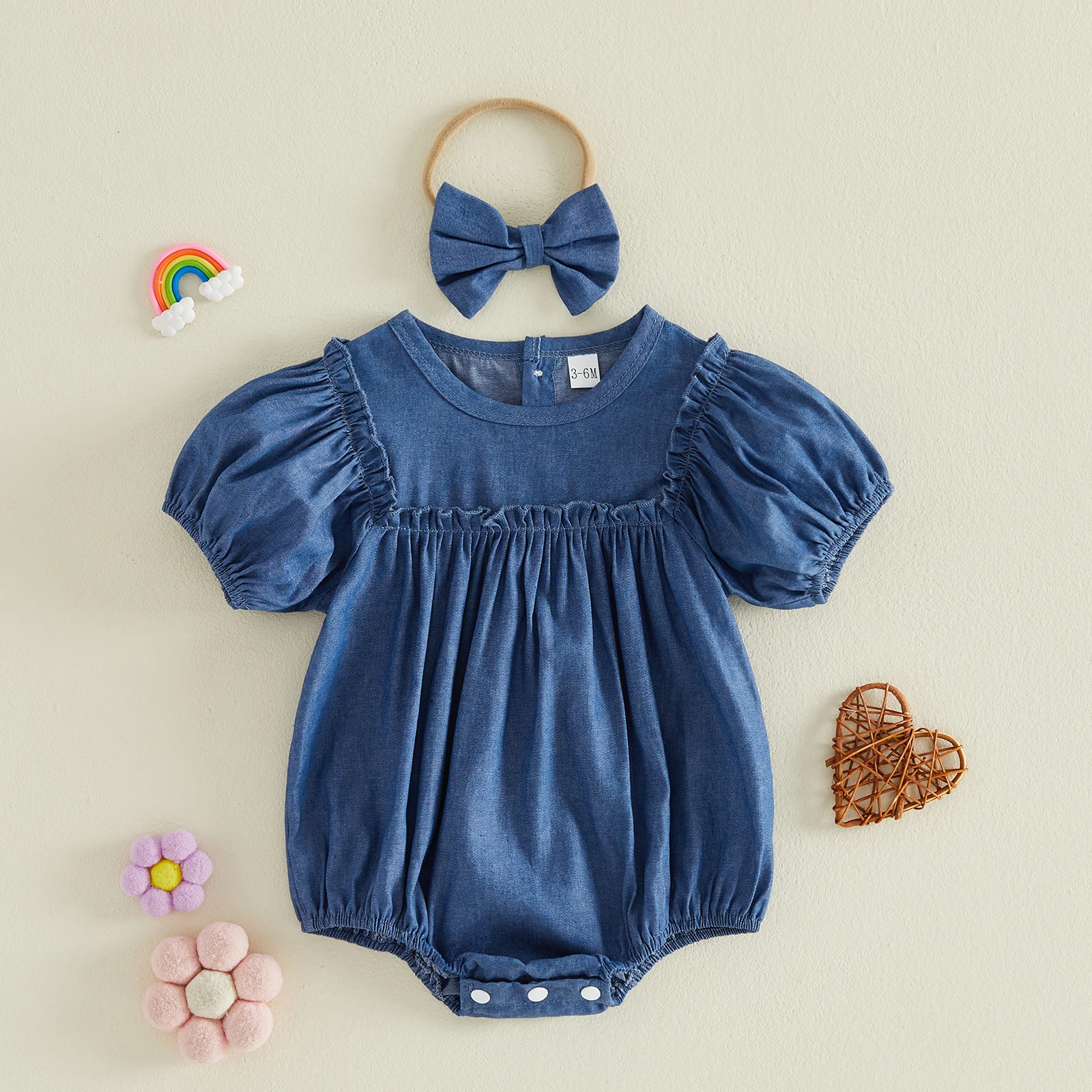 Baby Girls Bodysuits Outfits Adorable Solid Color Bubble Short Sleeve Round Neck Denim Romper Headband Set