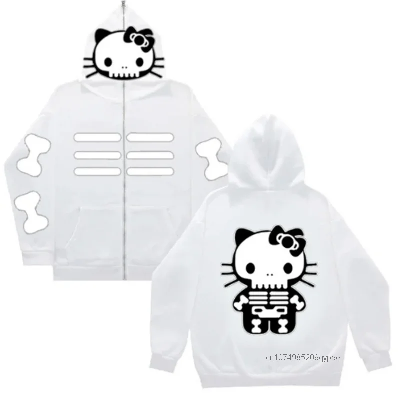 Sanrio Hello Kitty Cat Anime Female Clothes Skull Halloween Cartoon New Zipper Hoodie Japanese Style Y2k Girl Printing Pullovers