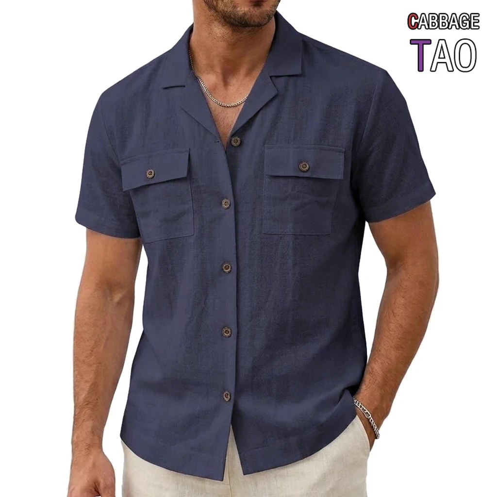 

Mens Summer Short Sleeve Button Down Shirts Retro Hawaiian Tops and Breathable Vintage Cotton Linen Lapel Tees Resort Wear