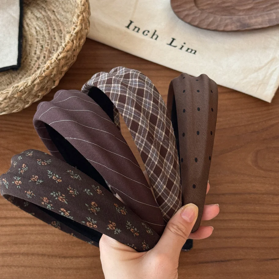 Wide Padded Headband Women Brown Plaid Checkered Hair Hoop Pleated Fabric Hairband Retro Casual Hair Accessories For Girls