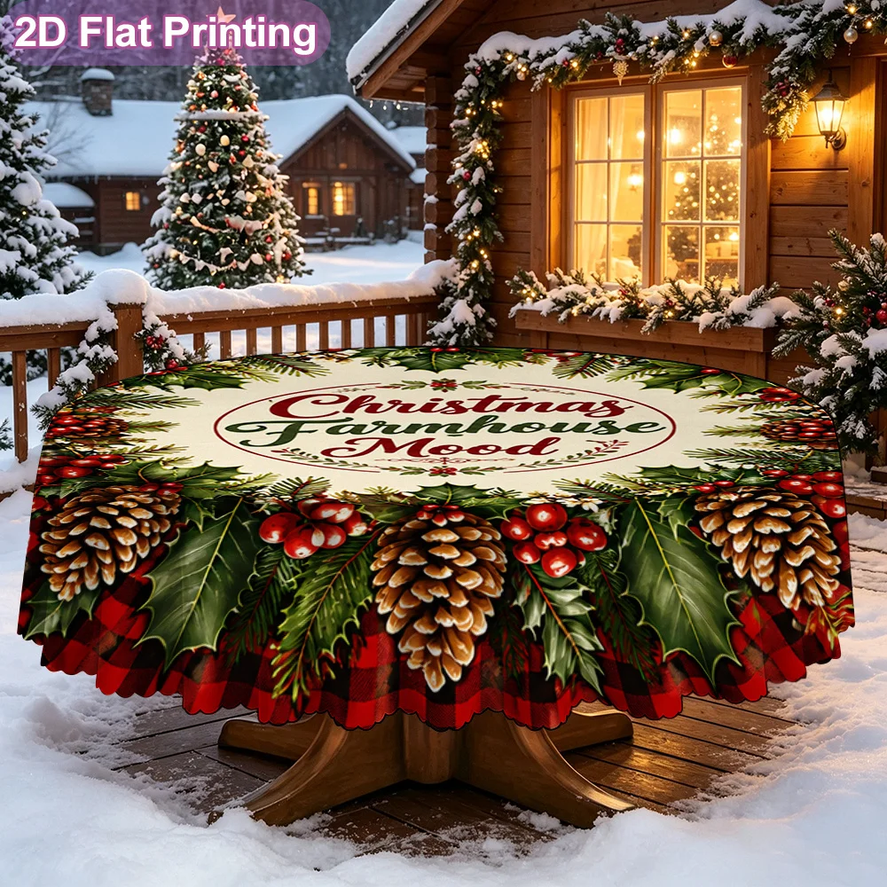 1 round tablecloth for festive table decorations - Christmas farmhouse wreath print table cover with embossed edges