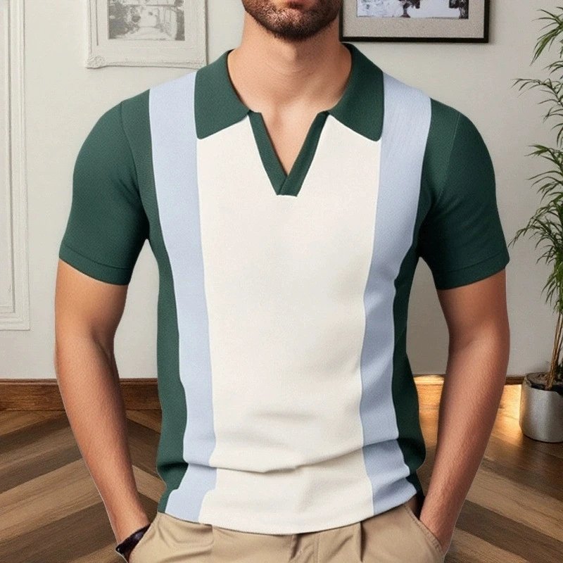

Men's Summer New Collection: Collar, Luxury, Fashion Knitted Shirt, Splicing, Color Contrasting Set, Business Polo Shirt