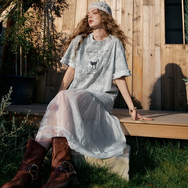ELFSACK Zweiteiliges T-Shirt-Kleid mit Katzenmuster, lässiges Blumen-T-Shirt mit durchsichtigem Tüllrock, Kawaii-Midikleid für den Sommer